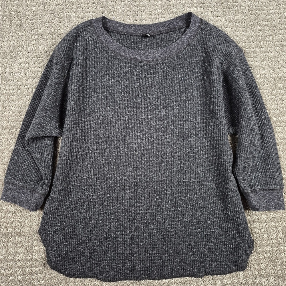 Uniqlo Top Womens S Gray Waffle Knit Crewneck Shirt 3/4 Sleeve Relaxed Boxy Fit